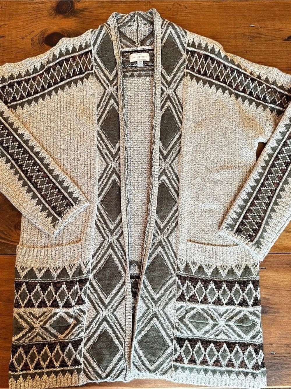 Lucky Brand Fair Isle Open Front Cardigan Brown & Cream Medium